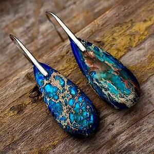 Imperial Jasper Stone Earrings Blue Silver
